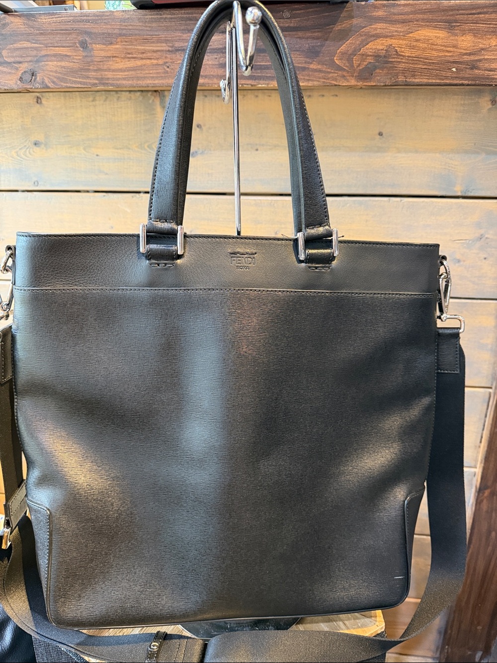 Fendi Black Leather Briefcase Tote with Shoulder Strap